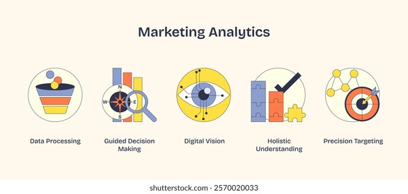 Marketing Analytics icons show data, magnifying glass, and target. Neubrutalism style