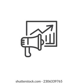 Marketing analytics line icon. Megaphone and graph linear style sign for mobile concept and web design. Sales statistics outline vector icon. Symbol, logo illustration. Vector graphics