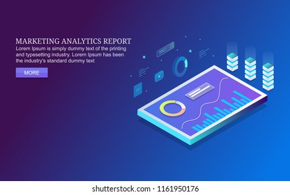 Marketing analytics report on mobile, Analytics app on mobile screen flat 3D isometric vector banner