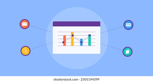 Informe de análisis de marketing, herramienta de marketing que muestra el informe de la campaña de correo electrónico, SEO, anuncios de chat y campaña de redes sociales - Ilustración vectorial con iconos