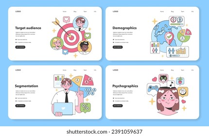Marketing Analytics set. Engaging visuals on target audience reach, understanding demographics, effective market segmentation, and consumer psychographics analysis. Flat vector illustration.