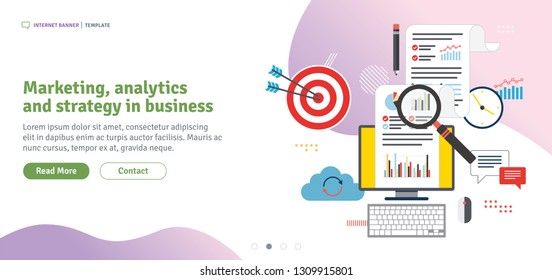 Marketing, analytics and strategy in business. Data analysis, digital marketing and business marketing. Template in flat design for web banner or infographic in vector illustration. - Powered by Shutterstock - Get 15% off with code: PIKWIZARD15