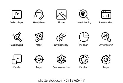 Conjunto de iconos de marketing, análisis y estrategia. Seguridad, SEO, correo electrónico, compras, descuento, comunicación, objetivo y colección de crecimiento empresarial.