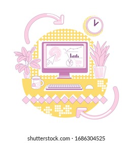 Marketing analytics thin line concept vector illustration. Desktop pc, analyst workplace 2D cartoon composition for web design. SEO analysis, marketing research, analytical software creative idea