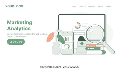 Marketing Analytics. Web Landing Page Design. Flat Cartoon Vector Illustration. Vector illustration, suitable for web landing page, ui, mobile app