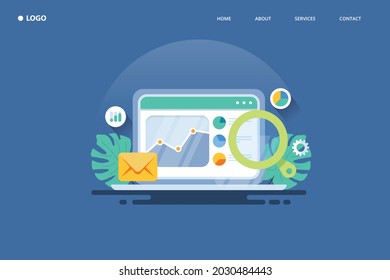 Análisis de marketing, tráfico de sitios web, informe SEO, marketing impulsado por datos, herramienta de marketing digital - plantilla de ilustración vectorial de diseño plano con iconos
