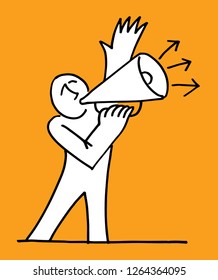 Marketing Announcement, a hand drawn concept vector illustration of man with a megaphone announcing something