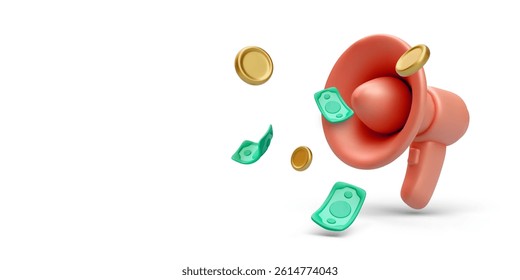 Marketing Announcement With Megaphone, Flying Coins And Cash. Concept Of Advertising Revenue Or Affiliate Promotion In 3D Cartoon Style. Vector Illustration.