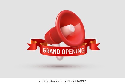 Marketing Announcement Megaphone Icon With Red Ribbon Text For Grand Opening, Announcement, Sale Promo, Coming soon Event Notification. Isolated Vector Illustration.