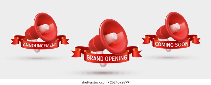 Marketing Announcement Megaphone Icons With Red Ribbon Text For Grand Opening, Announcement, Sale Promo, Coming soon Event Notification On Clean Background. Vector Illustration.