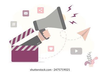 Marketing announcement of new video or film. Businessman hand uses megaphone. Attention announcement, important message. Loudspeaker or loud voice concept. Podcast, streaming service, video hosting.