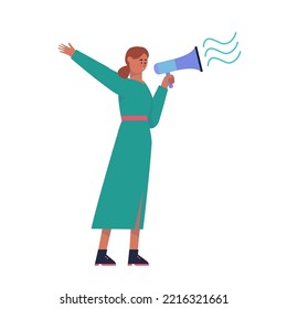 Marketing announcement promo alert. Character stands and shouts into the loudspeaker.  Speech, news announcement. Vector illustration in a flat style