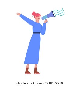 Marketing announcement promo alert. Character stands and shouts into the loudspeaker.  Speech, news announcement. Vector illustration in a flat style