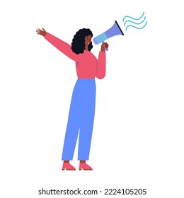 Marketing announcement promo alert. Character stands and shouts into the loudspeaker.  Speech, news announcement. Vector illustration in a flat style