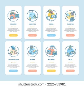 Marketing App Screens Cards Set Include of Analytics, Research, Sales and Targeting. Vector illustration of Card