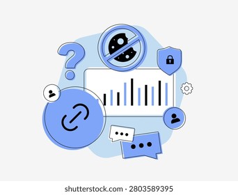 Marketing attribution with measurement modeling, privacy-driven data loss and conversion tracking. Campaign analytics, attribution challenges and performance insights vector illustration.