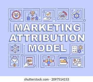 Banner morado de los conceptos del modelo de atribución de marketing. Análisis de anuncios. Infografía con iconos lineales en el fondo. Tipografía aislada. Ilustración de color vectorial con texto. Fuente Arial-Black utilizada