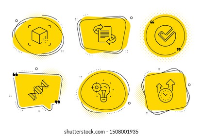 Marketing, Augmented reality and Time management signs. Chat bubbles. Chemistry dna, Verify and Seo idea line icons set. Chemical formula, Selected choice, Performance. Article. Science set. Vector