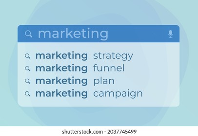 Marketing Autocompletar búsqueda Web Sugerencias de vector moderno concepto. Barra de búsqueda de sitios web con consejos de marketing para una mejor búsqueda: estrategia, embudo, plan, campaña