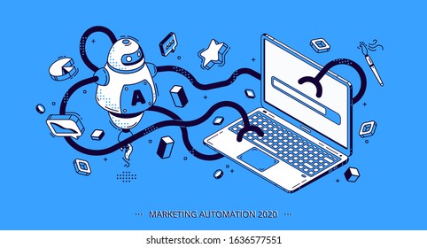 Marketing Automation 2020 Isometric Banner. Technology For SEO, Internet, Digital Business Content. Octopus Robot With Many Hands Working Workflow Process On Laptop, 3d Vector Illustration, Line Art