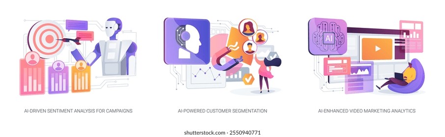 Marketing automation abstract concept vector illustration set. AI-Driven Sentiment Analysis for Campaigns, AI-Powered Customer Segmentation, AI-Enhanced Video Marketing Analytics abstract metaphor.