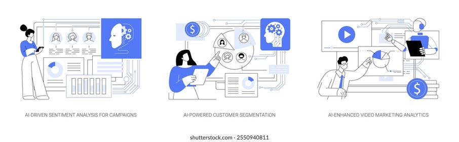 Marketing automation abstract concept vector illustration set. AI-Driven Sentiment Analysis for Campaigns, AI-Powered Customer Segmentation, AI-Enhanced Video Marketing Analytics abstract metaphor.