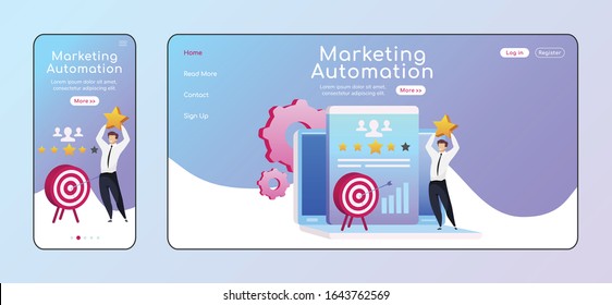 Marketing automation adaptive landing page flat color vector template. Smiling male with star mobile, PC homepage layout. Arrow in target page website UI. Client service webpage cross platform design