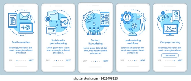 Marketing automation blue onboarding mobile app page screen vector template. Software platforms walkthrough website steps with linear illustrations. UX, UI, GUI smartphone interface concept