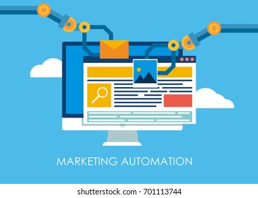 Marketing Automation. Computer With A Site That Builds The Robot's Hands. Vector Flat Illustration