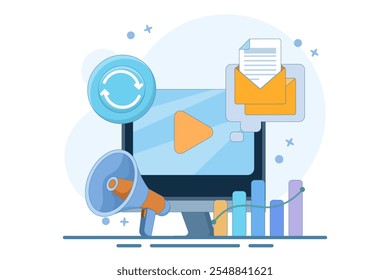 marketing automation concept. automated, repeatable, and more efficient marketing system. digital marketing and technology. computer monitor. flat style design vector illustration.