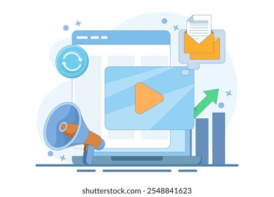 conceito de automação de marketing. sistema de marketing automatizado, repetível e mais eficiente. marketing digital e tecnologia. monitor de computador. ilustração de vetor de design de estilo plano.