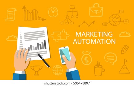 Marketing Automation Concept. Flat Style Web Banner With Doodle Icons In Background, Top View. Vector Illustration.