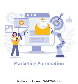 Marketing-Automatisierungskonzept. Optimierte digitale Kampagnen mit automatisierten Workflows und Analysen für gezielte Kundenkontakte. Effizienz in der Kommunikation, strategische Skalierung. Vektorgrafik.