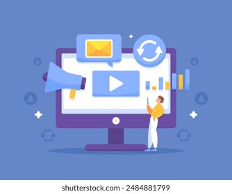 marketing automation concept. a system for marketing automatically, repetitively and more efficiently. digital marketing and technology. illustration of man with computer monitor. flat style design