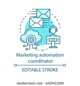 Marketing automation coordinator blue concept icon. Digital marketing specialty idea thin line illustration. Automated business campaign. Mass mailing. Vector isolated outline drawing. Editable stroke