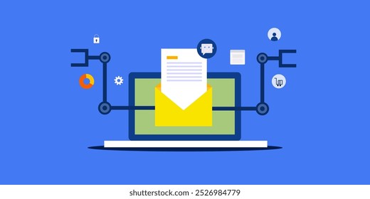 Automação de marketing, Tecnologia de automação de marketing por e-mail, Envio de e-mail para clientes, Automação de e-mail aumentando a taxa de conversão do cliente - ilustração vetorial com ícones