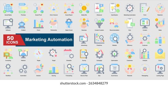 Marketing Automation flat icons featuring automation, CRM, email marketing, customer retention, analytics, chatbot, and more. Perfect for illustration and design.