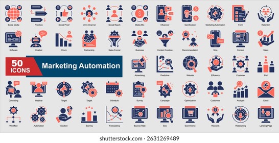 Marketing Automation glyph color icons featuring automation, CRM, email marketing, customer retention, analytics, chatbot, and more. Perfect for illustration and design.