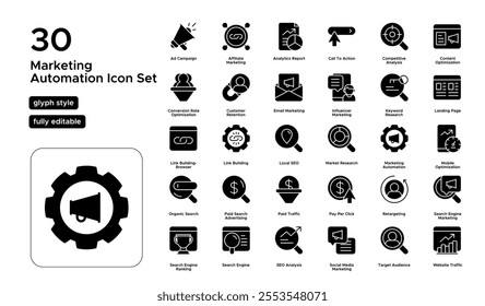 Marketing Automation Glyph Icon Set: Workflow Management, Lead Generation, and Campaign Optimization Icons