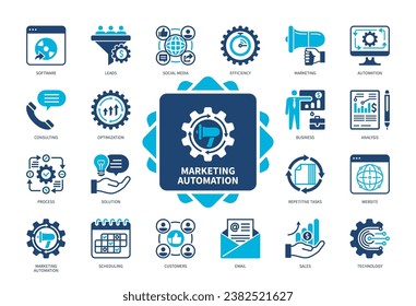 Symbol für Marketing Automation gesetzt. Software, Scheduling, Consulting, Social Media, Vertrieb, Kunden, Lösung, Führt duotone Farbsymbole