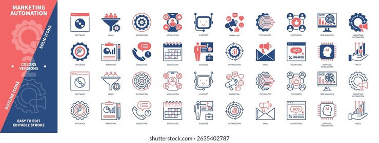 Ícone de Automação de Marketing definido. Software, Web Analytics, Chat Bot, Mídia social, Vendas, Clientes, Inteligência artificial, Clientes potenciais. Ícones de contorno sólido e editável de cor duotônica