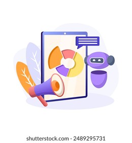 Marketing automation illustration. Loudspeaker, robot, segment, message. Editable vector graphic design.