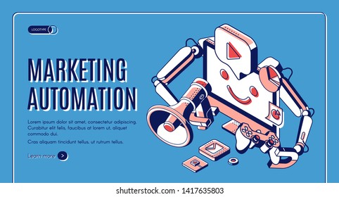 Marketing automation isometric web banner. Technology for SEO, internet, digital business content. Computer with robot hands holding megaphone and joystic, 3d vector, line art, landing page banner