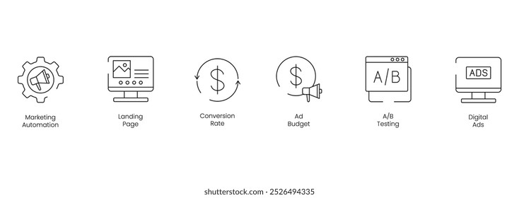 Marketing Automation and Landing Page Icon Set with Conversion Rate, Ad Budget, AB Testing, and Digital Ads
