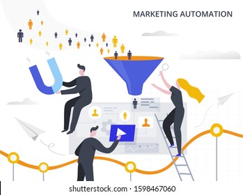 Marketing Automation and Lead Generation flat vector illustration. The process of attracting potential customers to the sales funnel, collecting information and automating the marketing process.