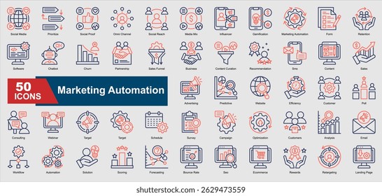 Marketing Automation line color icons featuring automation, CRM, email marketing, customer retention, analytics, chatbot, and more. Perfect for illustration and design.