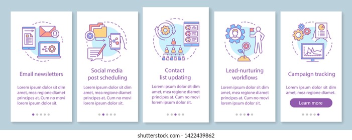 Marketing automation onboarding mobile app page screen with linear concepts. Software platforms walkthrough steps graphic instructions. UX, UI, GUI vector template with illustrations