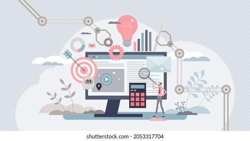 Marketing automation with scheduled social media posts tiny person concept. Reach target audience with content generation for online platform vector illustration. Optimization and efficiency web tool.