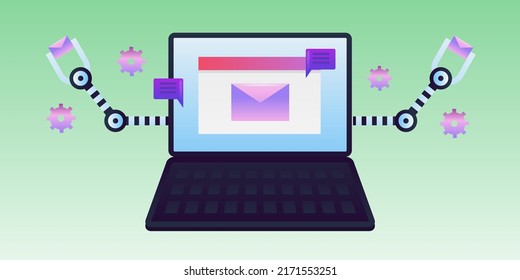 Marketing automation, Software guided marketing campaign, Automation software for SEO, Email, Social media marketing - 3D  vector illustration with icons