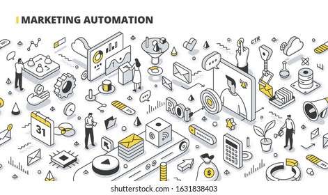 Marketing Automation Specialists Monitor And Measure The Efficiency Of The System. Executing Marketing Tasks. Tailoring Messaging To Customers Based On Their Profile. Isometric Outline Illustration